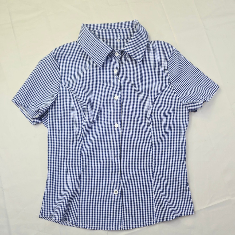 Unbranded Women Gingham Button Down Shirt XS Blue White Short Sleeve F36